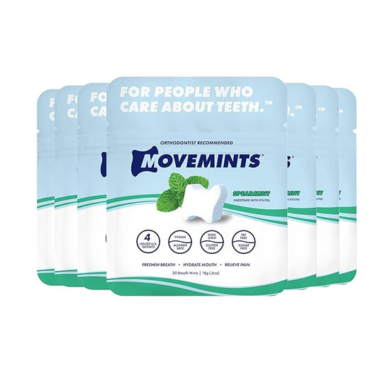 Movemints Clear Aligner Mints - Patented, Edible Alternative to Chewies - Freshen Breath and Improve Dry Mouth with Xylitol - Spearmint (7 Pack)