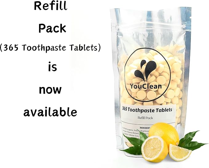 90 Toothpaste Tablets in Refill/Recycle Glass Tube - for Travel and Daily Home Office Use - Nano Hydroxyapatite, Fluoride-Free, Vegan (Citrus Lemon)