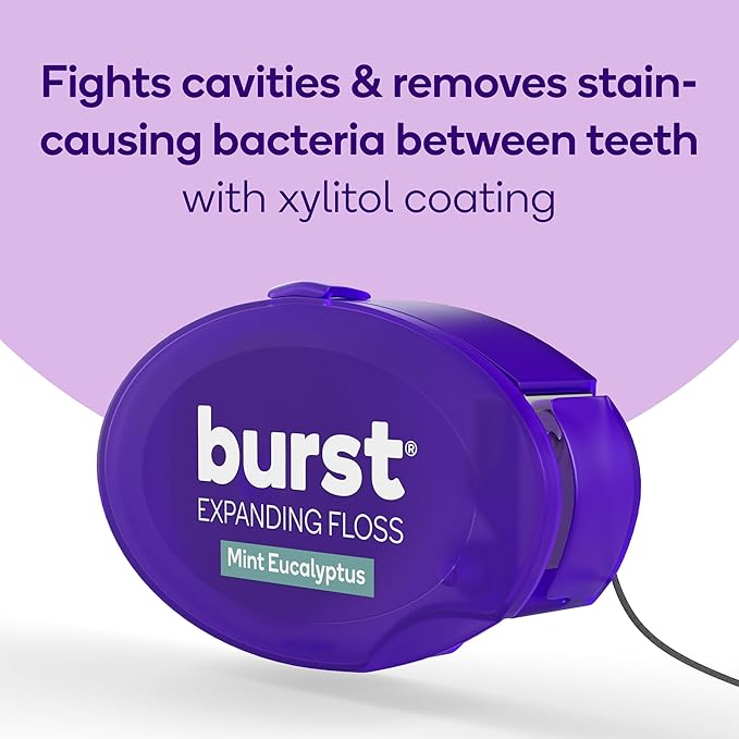 BURST Travel Expanding Dental Floss (12 Pack, 5.5 Yards Each) | Mini Mint Eucalyptus Tooth Floss for On-The-Go | Stain Absorbing, Xylitol-Coated, Vegan | Paraben Free Expanding Floss