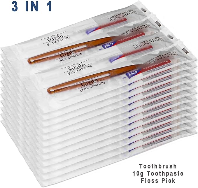 50 pcs Disposable Toothbrushes with Toothpaste Floss Individually Wrapped, 2 Color Disposable Toothbrush Bulk, 10g Toothpaste, Dental Floss Pick for Homeless,Airbnb,Hotel,Guest