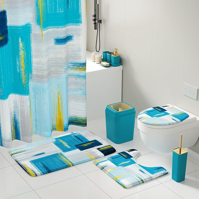 Bathroom Set - Teal Blue Bathroom Accessories Set, Bathroom Sets with Shower Curtain and Rugs, Teal Blue Shower Curtain Set with Bathroom Trash Can, Soap Dispenser, Soap Dish for Home Decor