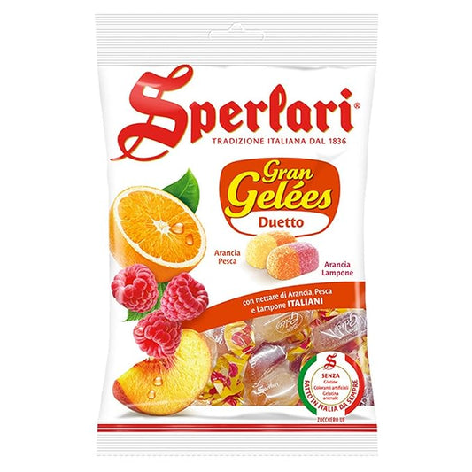 Sperlari Candies Gran Duetto Orange, Peach & Raspberry Italian Fruit Nectar Jelly Candy - Gluten Free, No Artificial Coloring, Individually Wrapped - Fruit Gummies Made In Italy 6.17 Oz Bag