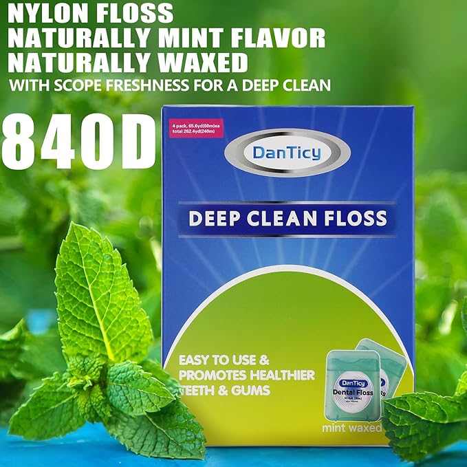 Dental Floss Deep Clean Waxed 840D Floss, Extra Wide Cleaning and Slides Smoothly & Easily is Perfect for Individuals with Tight Small Gaps Between Teeth Mint Flavored, 66Yards x 4 Pack 840D