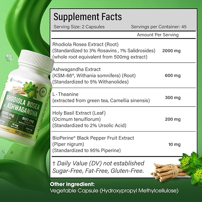 FloraBliss Rhodiola Rosea 2000mg with Ashwagandha KSM-66, L-Theanine, Holy Basil & BioPerine - 90 High Potency Vegan Capsules - Herbal Adaptogen for Energy & Wellness - No Artificial Additives
