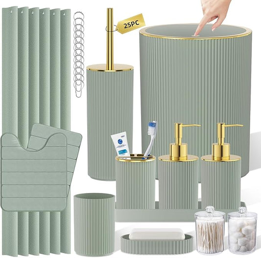 Sage Green and Gold Bathroom Accessories Set - Bathroom Sets, 25PC Bath Accessory Set, Bathroom Sets with Push Top Trash Can, Shower Curtain and Rugs, Toilet Brush, Trash Can & Soap Dispenser