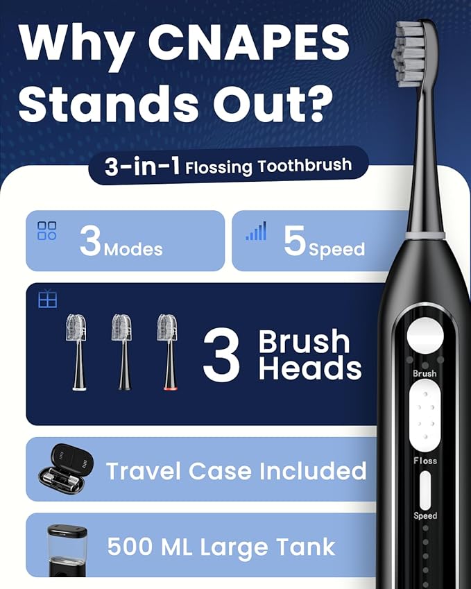 Electric Toothbrush with Water Flosser 3-in-1 Combo, Professional Sonic Toothbrush for Adults, 3 Brush Modes+5 Floss Speeds, Rechargable, 2.0 Flossing Toothbrush for Oral Care, Portable Travel Case