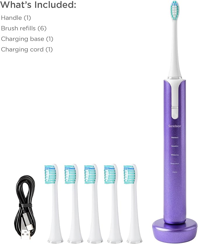 Soniclean Lux Sonic Toothbrush for Adults with 6 Toothbrush Heads, Rechargeable, Automatic, Purple