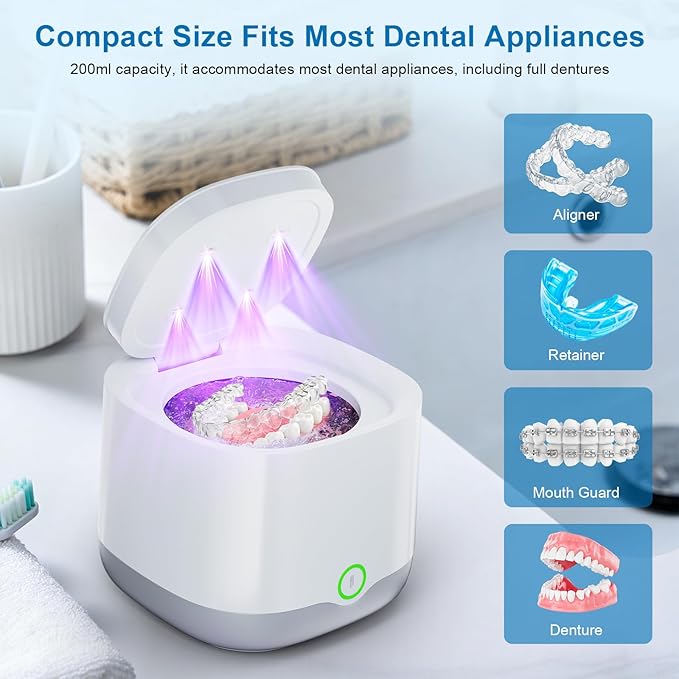 Ultrasonic Retainer Cleaner, 45kHz Retainer Cleaner Machine UV-C Dental Cleaning Pod Lights, 24W, 4000mAh, 200ml, for Denture, Night Guard, Mouth Guard, Aligner, Brace, Multiple