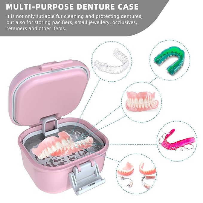 ARGOMAX Leak Proof Denture Bath Cup, Portable Soaking Denture Box, Denture Bath Case with Strainer, for Dentures and Braces, Upgraded Version with Storage Compartment (Pink + White).