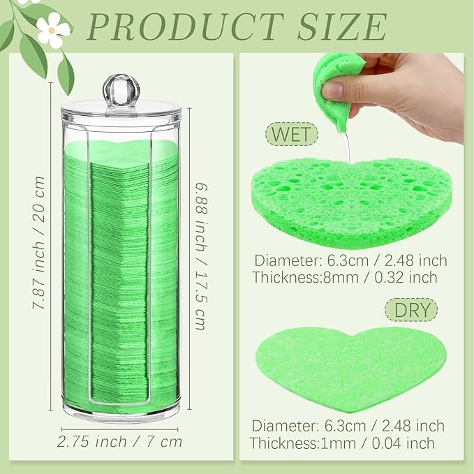 Sieral 120 Pcs Compressed Facial Sponges with Container Disposable Face Sponge Pads for Washing Face Cleansing Exfoliating Esthetician Makeup Removal(Heart,Green)