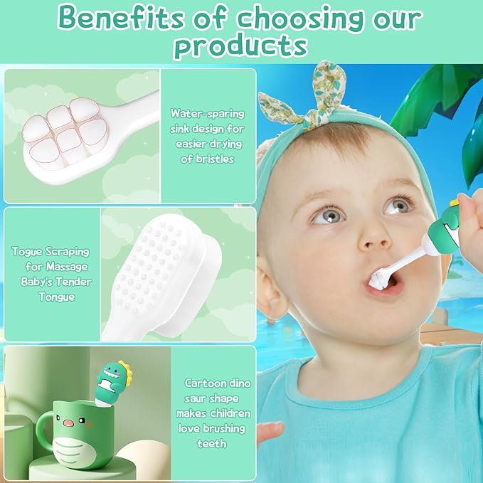 Toddler Toothbrush with Tongue Cleaner & Extra Soft Bristles | BPA-Free, Ergonomic Grip & Non-Slip Handle | Gentle Care for Kids 1-6 Years (Green, Pink)