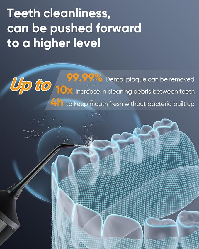 MySmile LP221 UVC Sterilizable Cordless Water Flossers for Teeth 335ML Portable OLED Display Dental Flosser with 4 Modes 8 Jet Tips and a Storage Pouch for Home and Travel (Midnight Black)