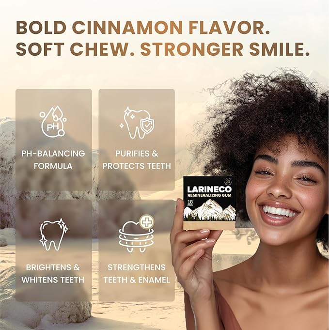 Larineco Remineralizing Gum with Nano Hydroxyapatite & Xylitol – Sugar-Free Cinnamon Xylitol Gum – Plastic-Free, Dye-Free, Aspartame-Free – Natural Base – 36 Pieces, Cinnamon