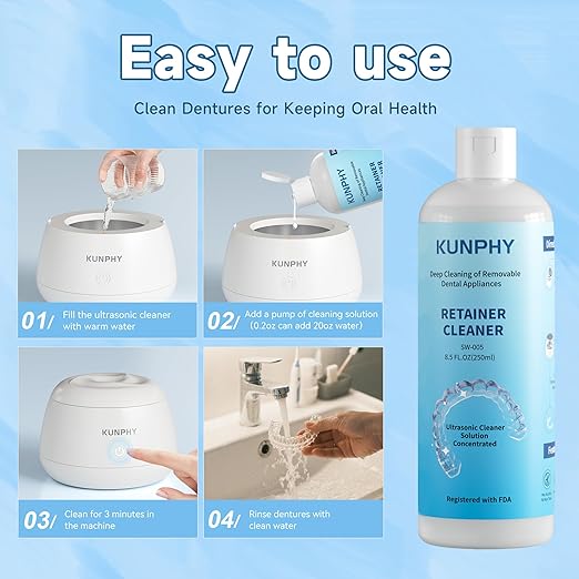 Ultrasonic Retainer Cleaner Solution for Ultrasonic Denture Cleaner-Professional Cleaning of Retainers, Invisible Aligners, Mouth Guards, Night Guards, Remove Odors, Discoloration & Stains 8.5oz