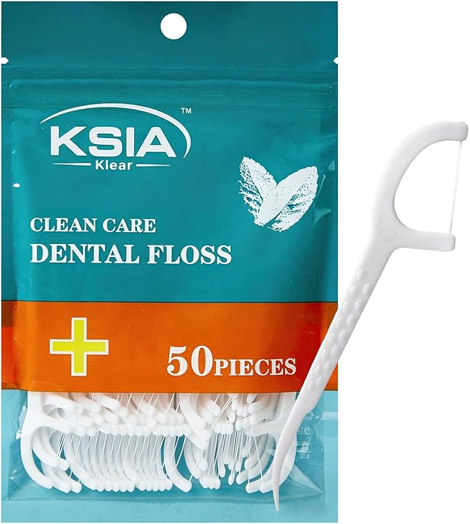 KSIA Klear Dental Floss Picks, 50 Count Tooth Picks Flossers, Dental Floss Cleaner, Dental Flossers for Family, Keep Teeth Clean, Remove Food and Plaque, with 1 Portable Sealed Pouch