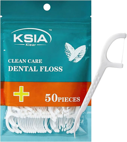 KSIA Klear Dental Floss Picks, 50 Count Tooth Picks Flossers, Dental Floss Cleaner, Dental Flossers for Family, Keep Teeth Clean, Remove Food and Plaque, with 1 Portable Sealed Pouch