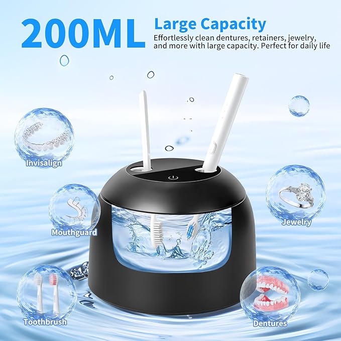 Ultrasonic Retainer Cleaner Machine, 45kHz Dental Ultrasonic Cleaner for Denture, Mouth Guard, Aligner, Braces, Toothbrush Heads, Jewelry, 5 Modes Cleaning, Digital Timer & 200ML Capacity