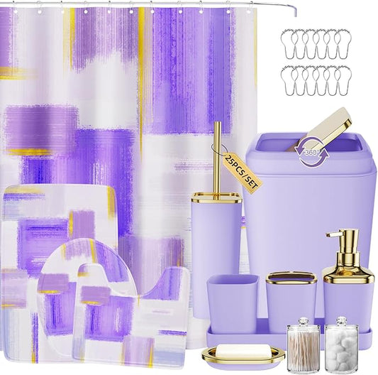 Bathroom Set - Purple and Gold Bathroom Accessories Set, Bathroom Sets with Shower Curtain and Rugs, Purple Shower Curtain Set with Bathroom Trash Can, Soap Dispenser, Soap Dish for Home Decor