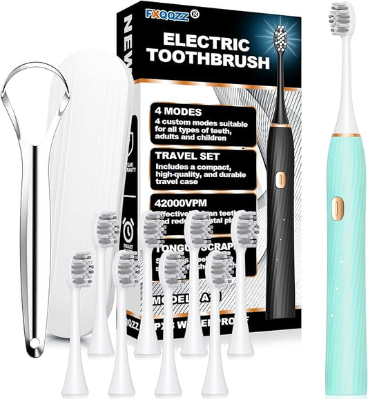 FXQQZZ Electric Toothbrush for Adults and Kids, with Tongue Scraper and Travel Case, 8 Brush Head, Smart Timer & 4 Modes Rechargeable Toothbrush, 42000 VPM Deep Clean, One Charge Last 90 Days -Blue