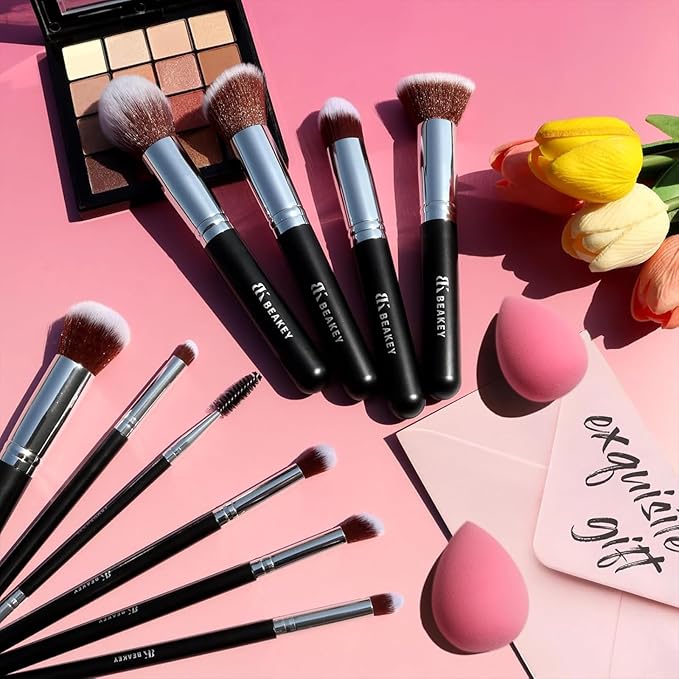 BEAKEY Makeup Brushes Set, Professional Foundation Eyeshadow Concealer Blush Powder Bronzer Applicator, 2 Blender Sponge with Beauty Paper Case stocking stuffers for women
