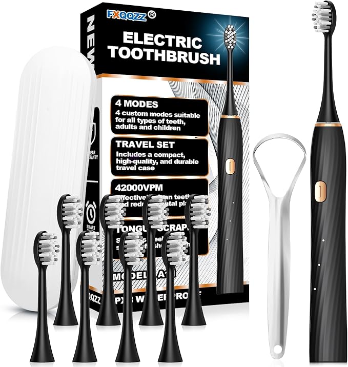 FXQQZZ Electric Toothbrush for Adults and Kids, with Tongue Scraper and Travel Case, 8 Brush Head, Smart Timer & 4 Modes Rechargeable Toothbrush, 42000 VPM Deep Clean, One Charge Last 90 Days - Black
