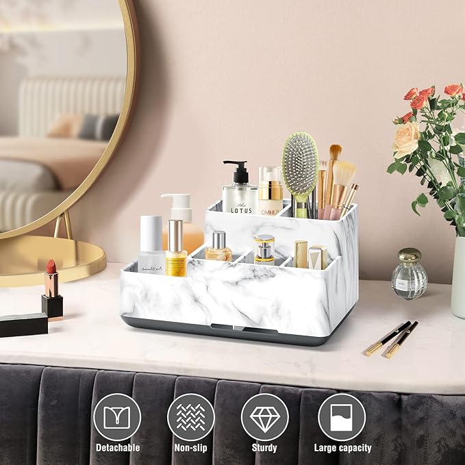 Toothbrush Holders for Bathrooms, Plastic Bathroom Countertop Organizer Compartment, Vanity Organizer Tray,Countertop Organizer Box, Kids Desk Organizers and Storage,White Marble Pattern