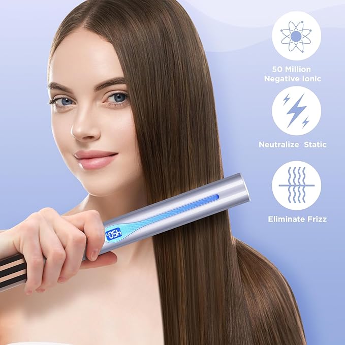 IG INGLAM Titanium Flat Iron Hair Straightener, Curling Iron 1 Inch, Infrared Negative Ionic Hair Straightener 11 Adjust Temp 250°F to 450°F, Shiny Hair Dual Voltage 110-240V, Gift, Purple