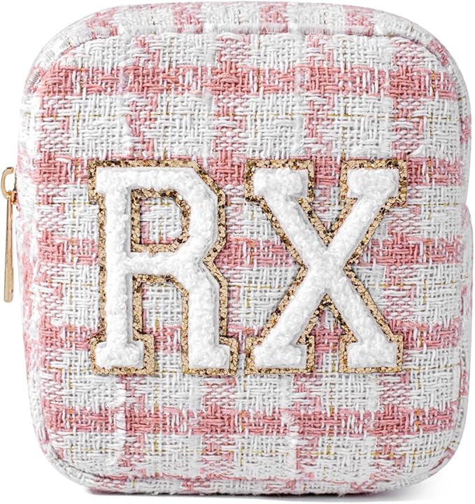 uekeboag Personalized Small Checkered Medicine Cosmetic Bag, Cute Plaid Pattern Chenille Letter Patch RX Drug Pouch with Zipper, Makeup Travel Gift Bag for Women and Girls (08 Pink Checkered)