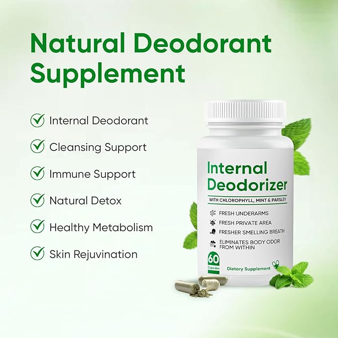 Internal Deodorizer - Breath Freshening, Body Deodorizing Supplement with Chlorophyll, Mint & Parsley, Chlorophyll Deodorant Capsules for Body Odor, Bad Breath, 60 Count