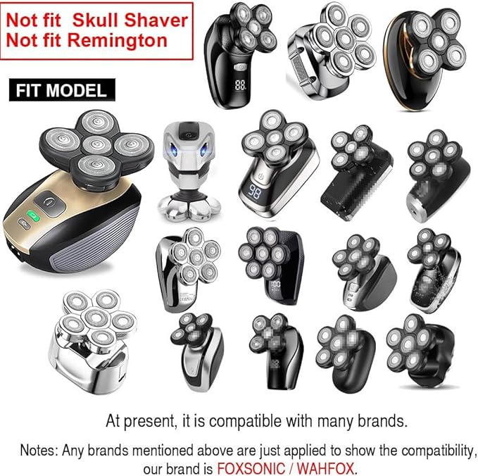 FOXSONIC Universal 6 Blade Replacement Heads for Mainstream Shaver Brands, Bald Shaver Replacement Heads with Blade Cover (Black)