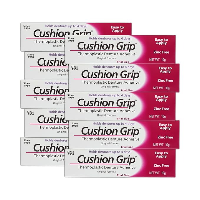 Cushion Grip Thermoplastic Denture Adhesive, 0.35 oz Travel Size (Pack of 10) – Refits and Tightens Loose Dentures for Up to 4 Days | Non-Glue, Zinc-Free, Waterproof Formula, Acts Like a Soft Reliner