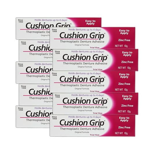 Cushion Grip Thermoplastic Denture Adhesive, 0.35 oz Travel Size (Pack of 10) – Refits and Tightens Loose Dentures for Up to 4 Days | Non-Glue, Zinc-Free, Waterproof Formula, Acts Like a Soft Reliner