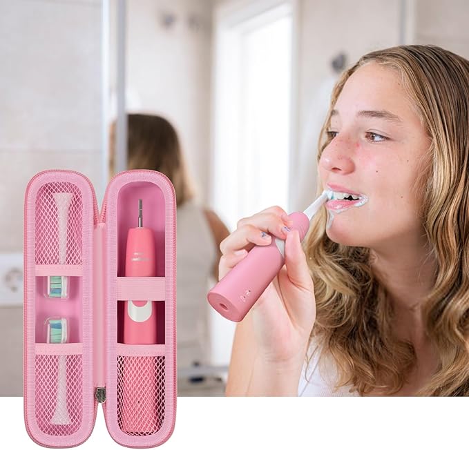 Toothbrush Travel Hard Case Compatible with Oral-B Pro 1000, 2000, 3000, 3500, 1500/ for Philips Sonicare ProtectiveClean 4100 5100 Electric Toothbrush with Mesh Pocket&Carabiner - Pink (Bag Only)