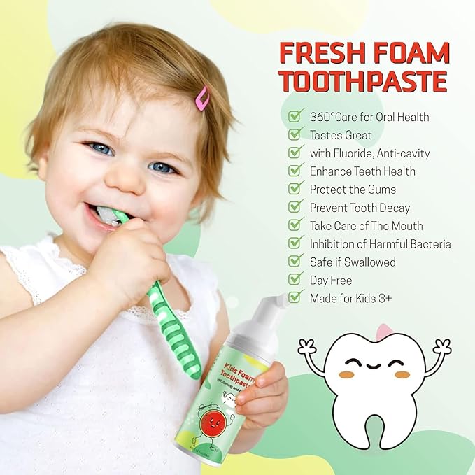 Foam Toothpaste Kids,Toddler Toothpaste with Low Fluoride & Natural Formula to Reduce Plaque, Kids Toothpaste for U Shaped Toothbrush for Children Ages 3 Plus (120 ML, Watermelon & Blueberry)