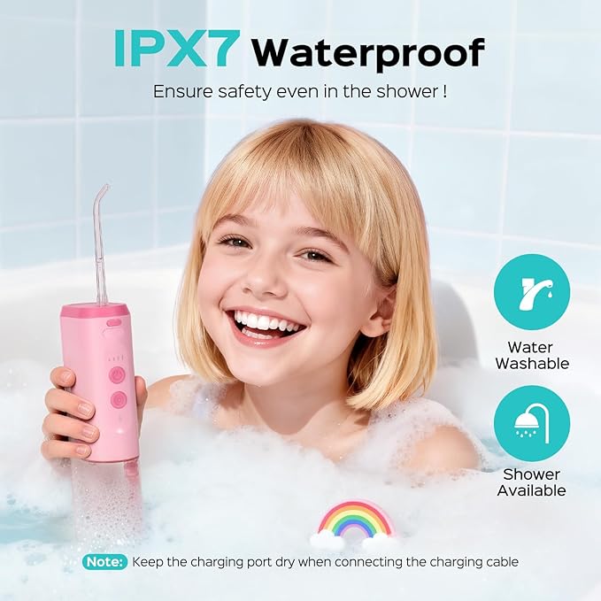 COSLUS Portable Water Flosser for Kids: 4 Gentle Modes for Ages 6+, Braces & Sensitive Teeth - with Fun DIY Stickers, 4 Storable Nozzles, Mini Compact for Home School & Travel Use, BPA-Free, Pink