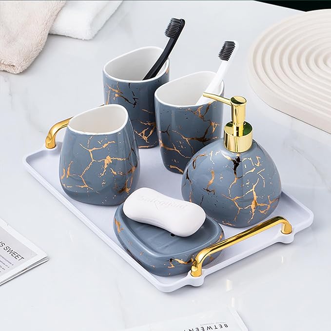 Gray Bathroom Accessories Set,Gold Marble Look Bathroom Decor,Modern 6 Piece Bathroom Accessory Set,Complete with Soap Dispenser,Toothbrush Holder,Tumbler,Tray Countertop