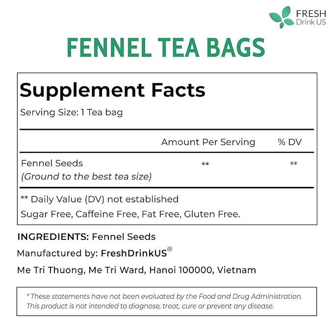 FreshDrinkUS, Premium 55 Fennel Tea Bags, 100% Natural & Pure from Fennel Seeds. Made with Natural Material Tea Bags. No Sugar, No Caffeine, No Gluten, Vegan.