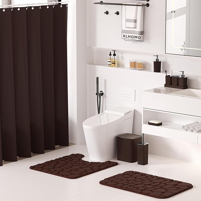 Bathroom Accessories Set - 25PC Bathroom Sets with Shower Curtain and Rugs, Brown Bathroom Accessories, Bathroom Accessory Set, Brown Shower Curtain Set, Trash Can & Soap Dispenser