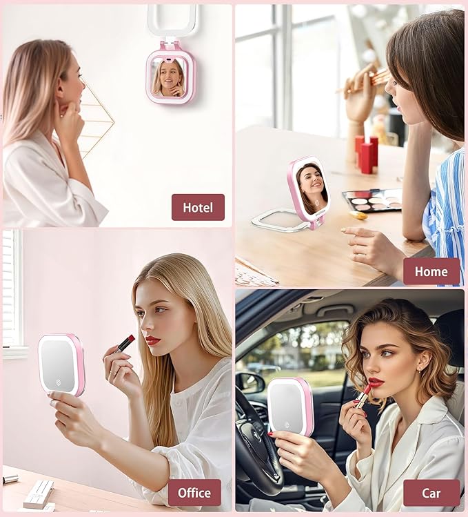 Shinowa Rechargeable Travel Makeup Mirror with 44 LED Lights, 1X/10X Magnifying Vanity Mirror with 3 Color Light, Folding Stand, 4 Inch Portable Dimmable Double Sided Compact Lighted Mirror, Pink