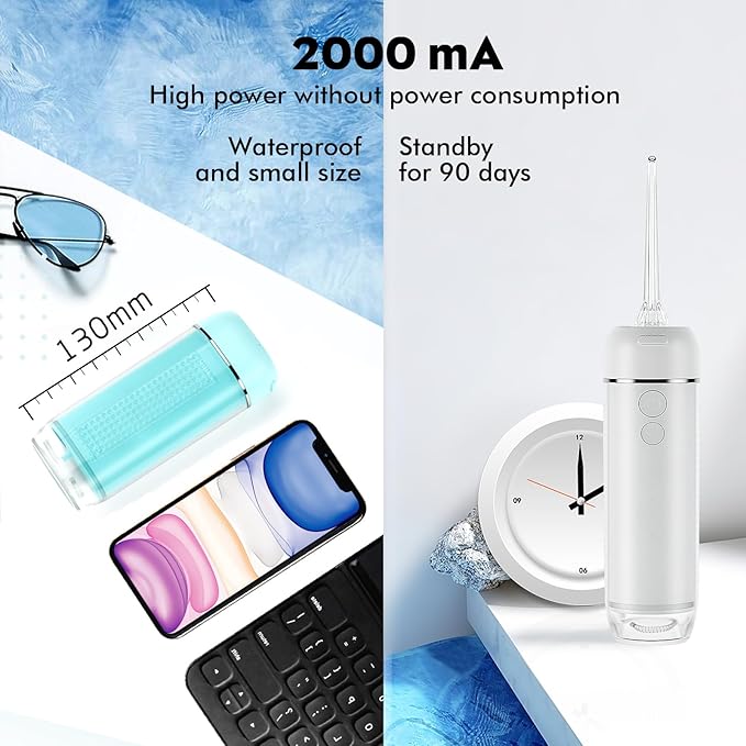 Powerful Portable Cordless Water Dental Flosser: Rechargeable [2000 mAh Li-ion] Mini Oral Irrigator Travel & Home Machine Cleaner Large Vol Telescopic Tank 5 Modes IPX7 Waterproof Electric Teeth Pick