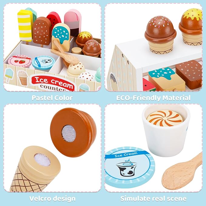 Wooden Ice Cream Toys for Kids Ice Cream Counter Shop for Toddlers Pretend Play Food Scoop and Serve with Scoop & Menu & Fake Money for Boys and Girls Ages 3 4 5 6 (Beige)