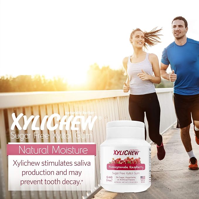Xylichew 100% Xylitol Chewing Gum - Non GMO, Non Aspartame, Gluten Free, and Sugar Free Gum - Natural Oral Care, Relieves Bad Breath and Dry Mouth - Pomegranate Raspberry, 240 Count