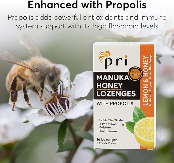 P.R.I Manuka Honey Lozenges with Propolis, Soothing Cough and Throat Drops, MGO 300+ Certified, (Lemon, 16 Count/2 Pack)