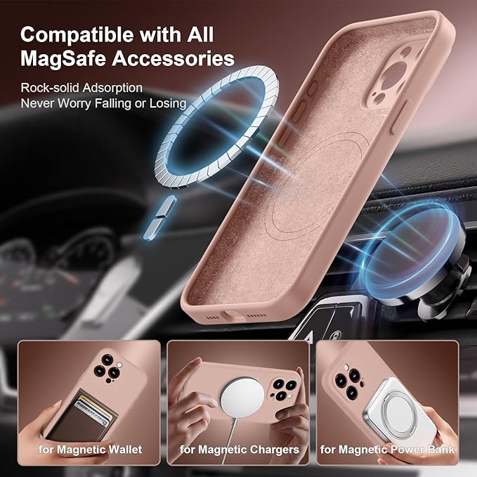 Magnetic for iPhone 15 Pro Case, Compatible with MagSafe, with 9H Nano Screen Protectors, Full Camera Protection, Silicone Shockproof Microfiber Lining Phone Case 6.1", Pinksand