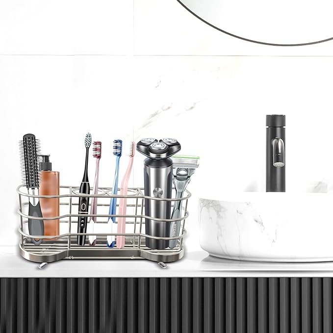 Wall Mount Toothbrush Holder for Shower Stainless Steel Toothbrush Stand, Self-Adhesive Wallmount/Countertop 4 Slots Bathroom Accessories Organizer (Silver)