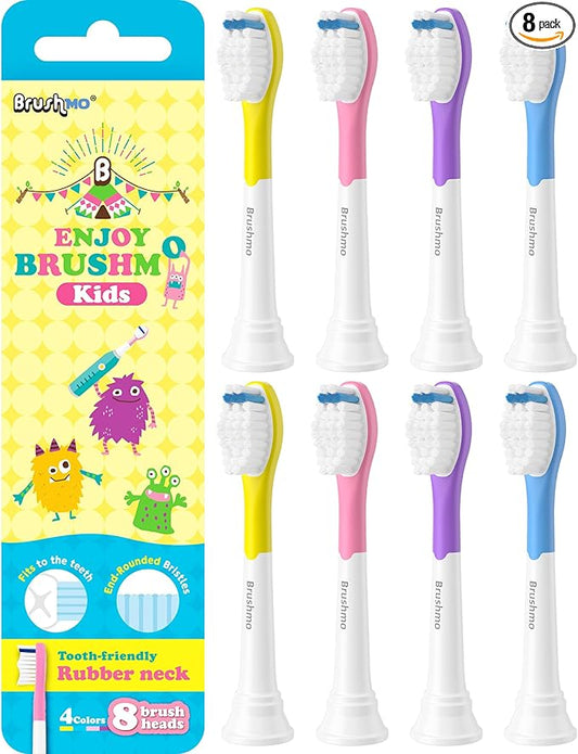 Brushmo Kids Replacement Toothbrush Heads, Compatible with Philips Sonicare for Kids HX6032 & HX6042, Ultra-Soft Dupont Bristles, 8-Pack for Ages 6+, Multi-Color (BM648)