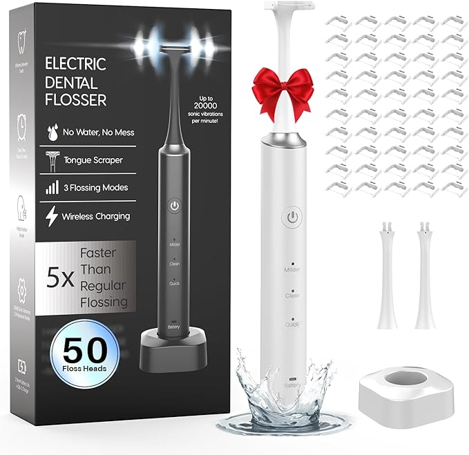 Voraiya Electric Flosser for Teeth with 50 Replacement Heads, Wireless Charging 3-in-1 Electric Dental Flosser with 4 Modes, Dentist Recommended Reusable Portable Magic Flosser for Travel & Adults