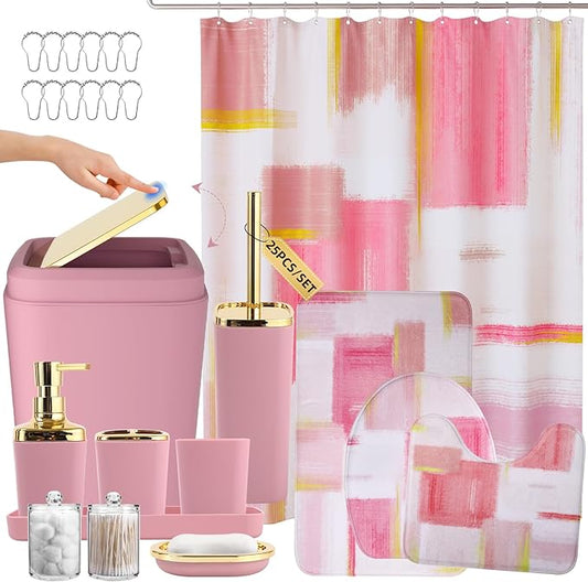 Bathroom Accessories Set - 25PC Bathroom Set with Shower Curtain and Rugs, Pink Bathroom Set, Bathroom Accessory Set with Press-on Lid Trash Can, Soap Dispenser and Qtip Holders