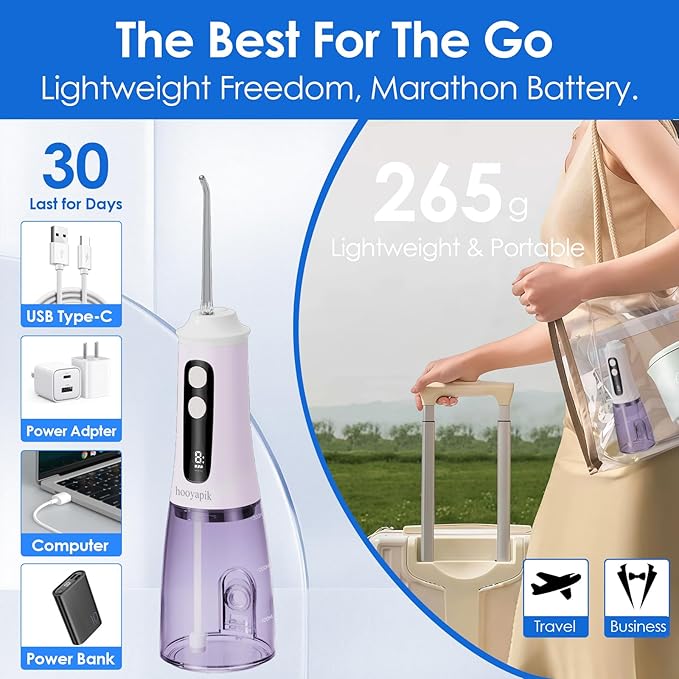 300ml Large Capacity Home Oral Irrigator 9 Modes Water Flosser with Adjustable Pressure for Gum Care/Breath Remover/Dentures (Light Purple)