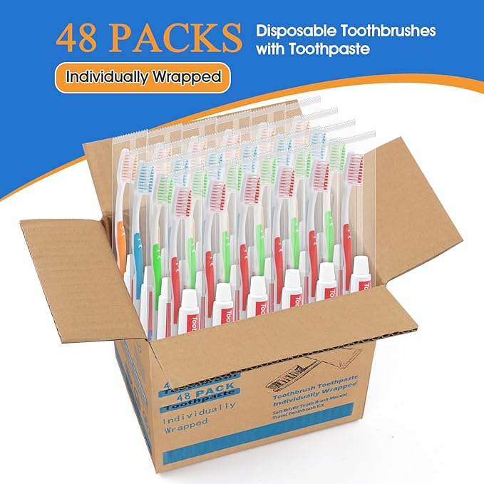 HOMVLE 48 Packs Disposable Toothbrushes with Toothpaste, Individually Wrapped Buld Toothbrush and Toothpaste Buld for Travel Size Toiletries, OCC, Airbnb, Dentist, Office/4 Colorful